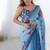 aqua blue heavy chiffon mirror work saree