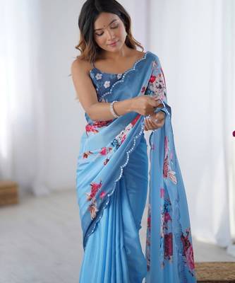 aqua blue heavy chiffon mirror work saree 4