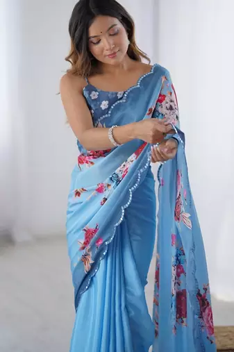 aqua blue heavy chiffon mirror work saree