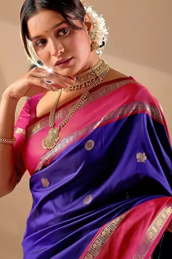 Blue silk blend woven design saree with blouse