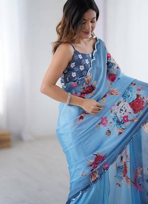 aqua blue heavy chiffon mirror work saree 5