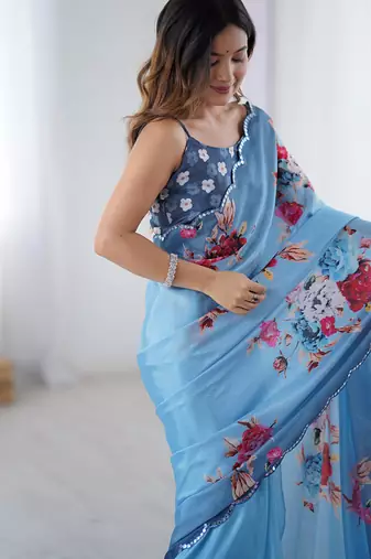 aqua blue heavy chiffon mirror work saree