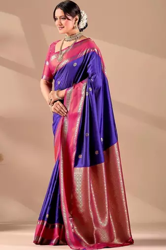 Blue silk blend woven design saree with blouse