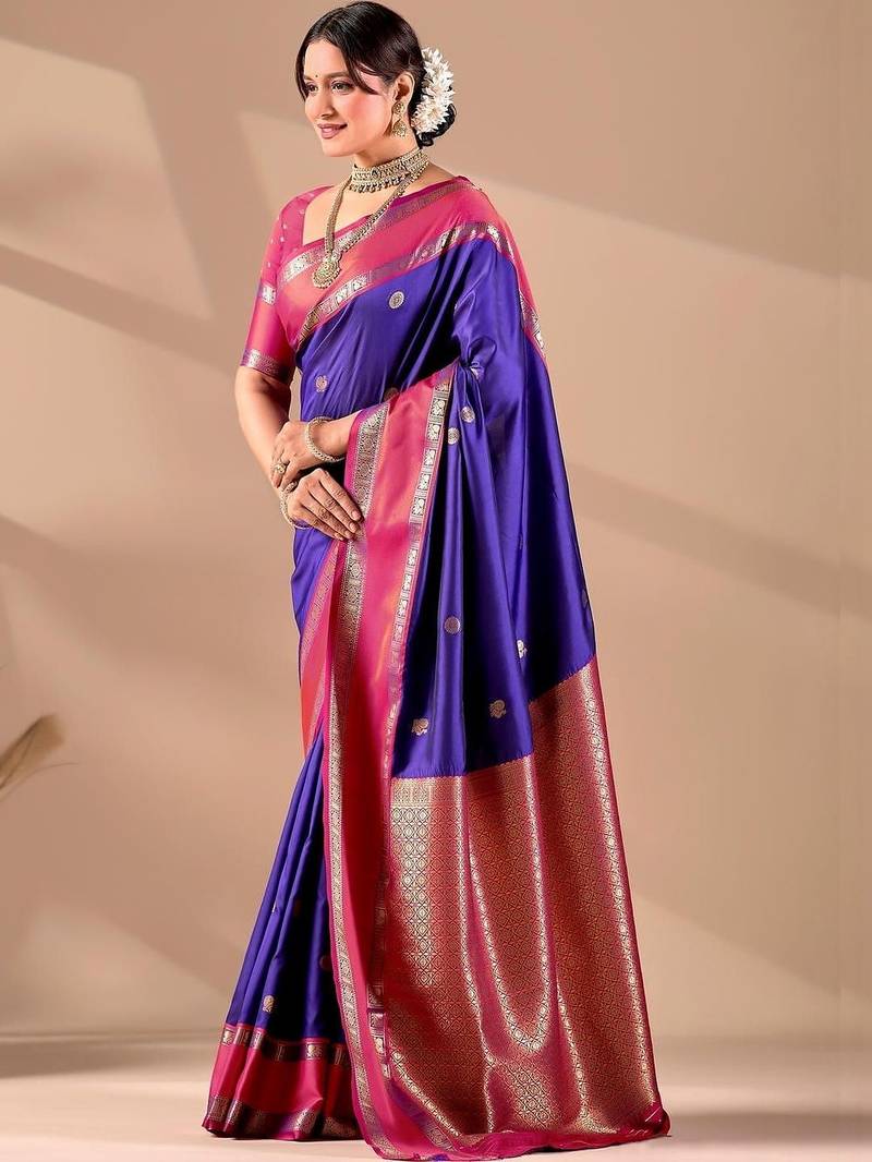 Blue silk blend woven design saree with blouse