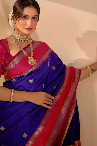 Blue silk blend woven design saree with blouse
