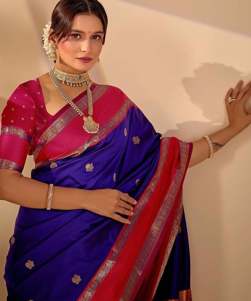Blue silk blend woven design saree with blouse
