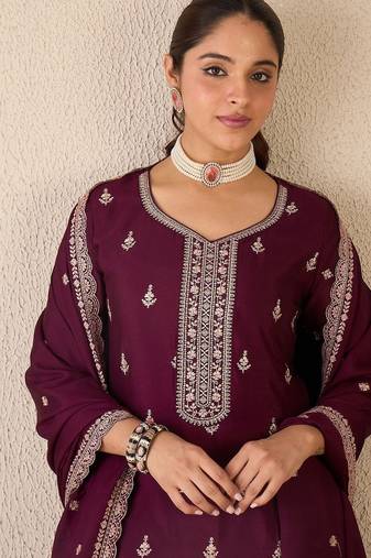 Floral Embroidered Sweetheart Neck Kurta With Sharara & Dupatta