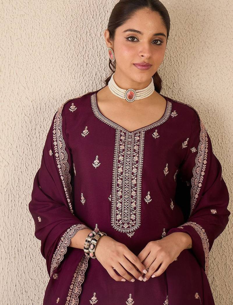 Floral Embroidered Sweetheart Neck Kurta With Sharara & Dupatta