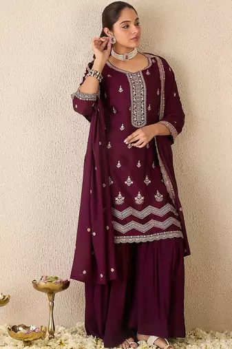 Floral Embroidered Sweetheart Neck Kurta With Sharara & Dupatta