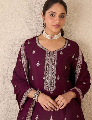 Floral Embroidered Sweetheart Neck Kurta With Sharara & Dupatta 3