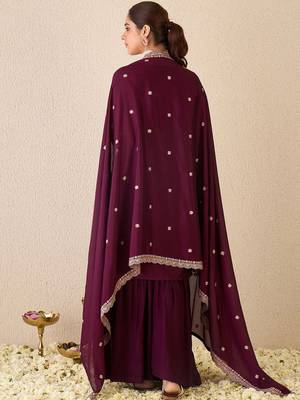 Floral Embroidered Sweetheart Neck Kurta With Sharara & Dupatta 5