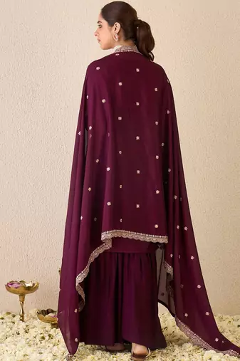 Floral Embroidered Sweetheart Neck Kurta With Sharara & Dupatta