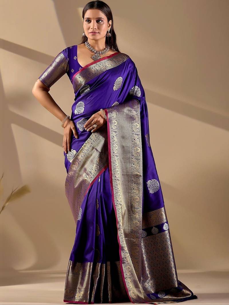 Purple silk blend woven design saree with blouse