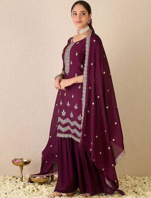Floral Embroidered Sweetheart Neck Kurta With Sharara & Dupatta 6