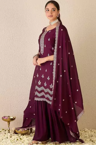 Floral Embroidered Sweetheart Neck Kurta With Sharara & Dupatta