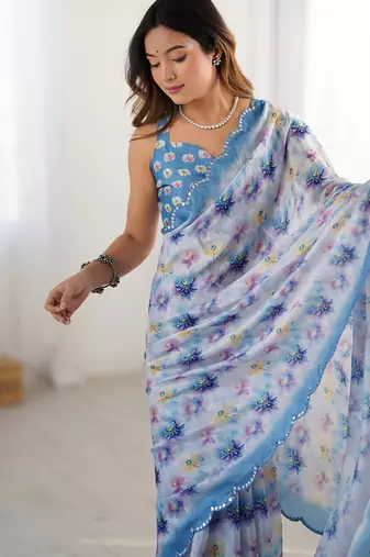 sky blue heavy chiffon mirror work saree