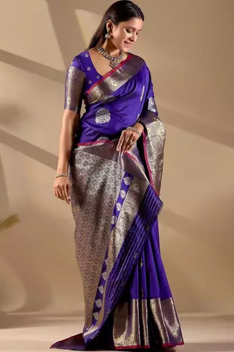 Purple silk blend woven design saree with blouse