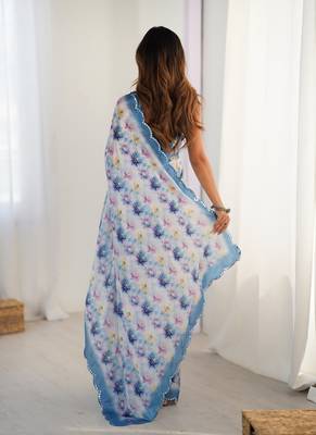 sky blue heavy chiffon mirror work saree 5