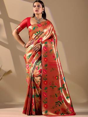 Red silk blend woven design saree with blouse 1