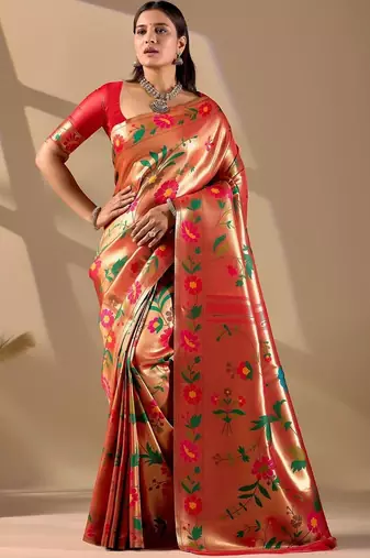 Red silk blend woven design saree with blouse