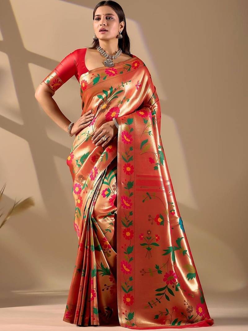 Red silk blend woven design saree with blouse