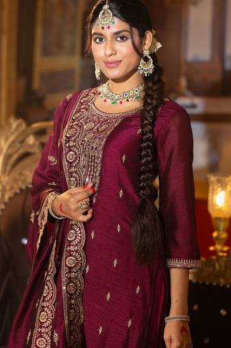 Embroidered Gotta Patti Work Round Neck Kurta With Trousers & Dupatta