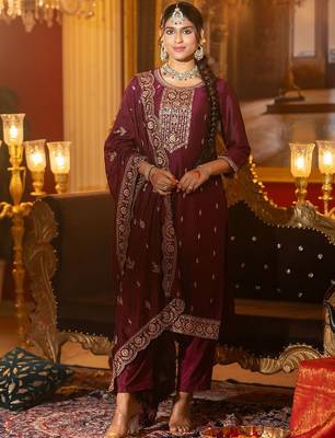 Embroidered Gotta Patti Work Round Neck Kurta With Trousers & Dupatta 2