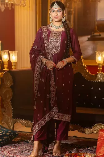 Embroidered Gotta Patti Work Round Neck Kurta With Trousers & Dupatta