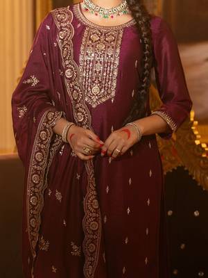Embroidered Gotta Patti Work Round Neck Kurta With Trousers & Dupatta 3