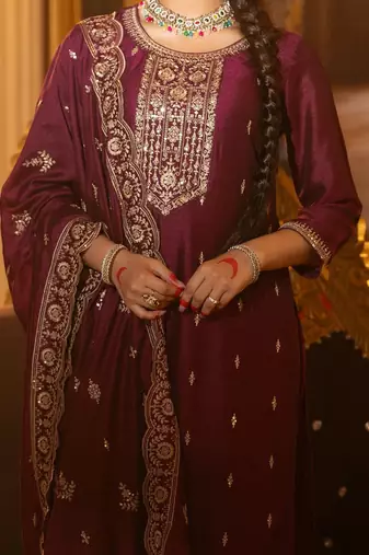 Embroidered Gotta Patti Work Round Neck Kurta With Trousers & Dupatta