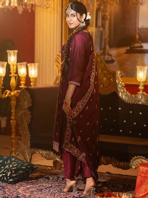 Embroidered Gotta Patti Work Round Neck Kurta With Trousers & Dupatta 4