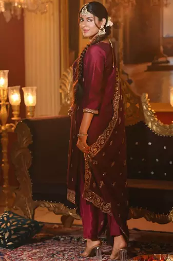Embroidered Gotta Patti Work Round Neck Kurta With Trousers & Dupatta