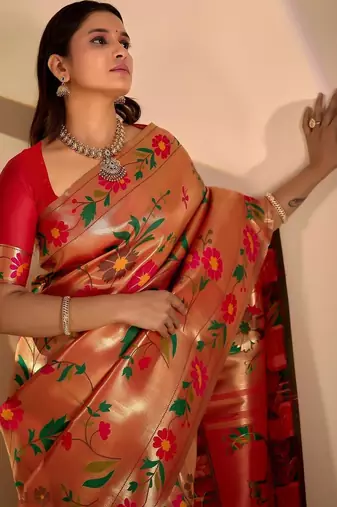 Red silk blend woven design saree with blouse