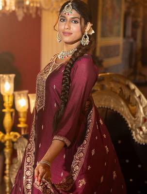 Embroidered Gotta Patti Work Round Neck Kurta With Trousers & Dupatta 6