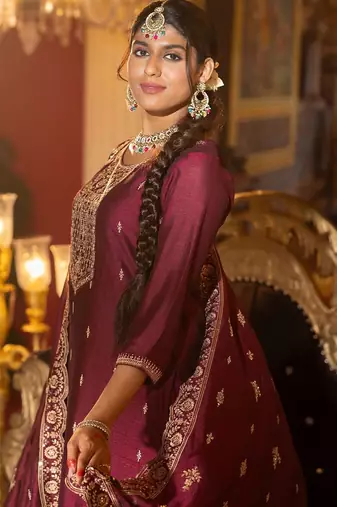 Embroidered Gotta Patti Work Round Neck Kurta With Trousers & Dupatta