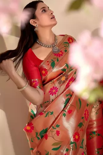 Red silk blend woven design saree with blouse