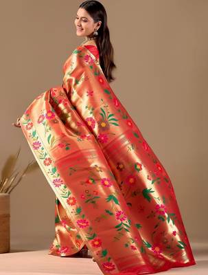 Red silk blend woven design saree with blouse 4