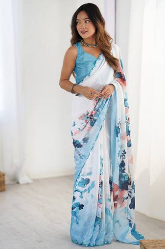 sky blue heavy chiffon mirror work saree