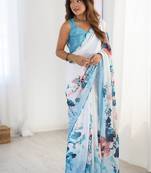 sky blue heavy chiffon mirror work saree