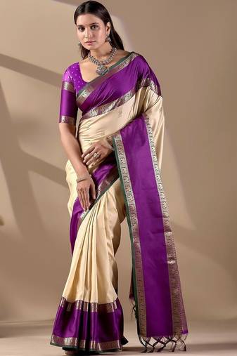 Cream silk blend woven design saree with blouse