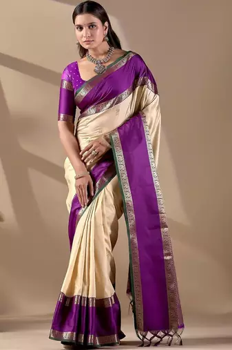 Cream silk blend woven design saree with blouse
