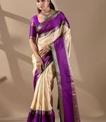 Cream silk blend woven design saree with blouse