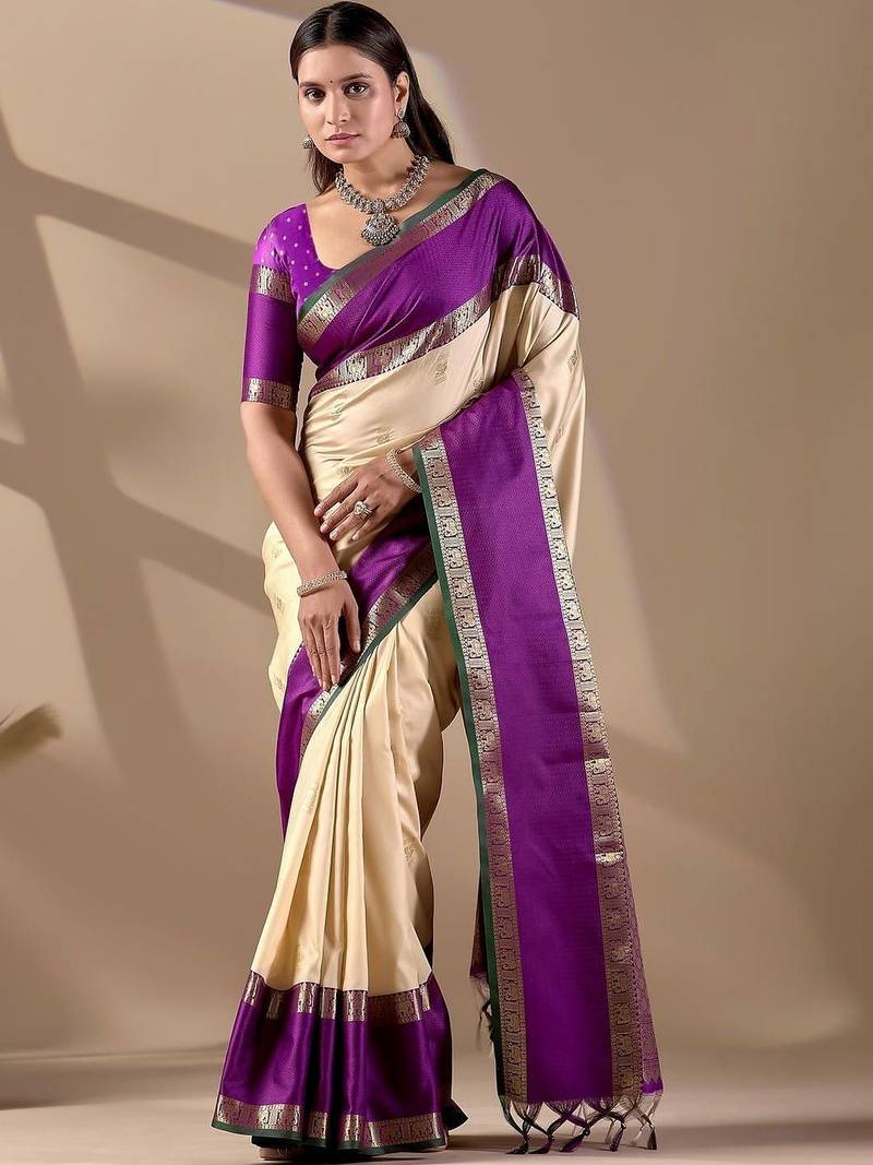 Cream silk blend woven design saree with blouse