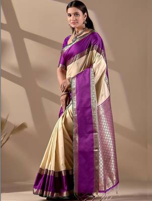 Cream silk blend woven design saree with blouse 2