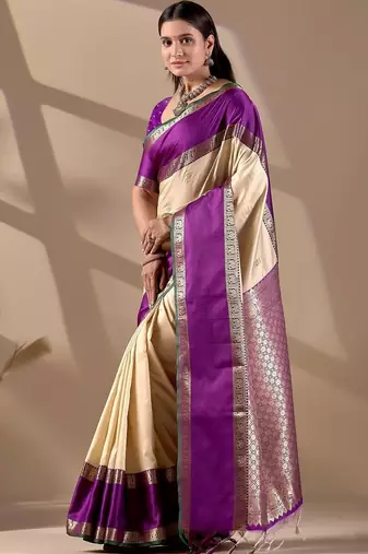 Cream silk blend woven design saree with blouse