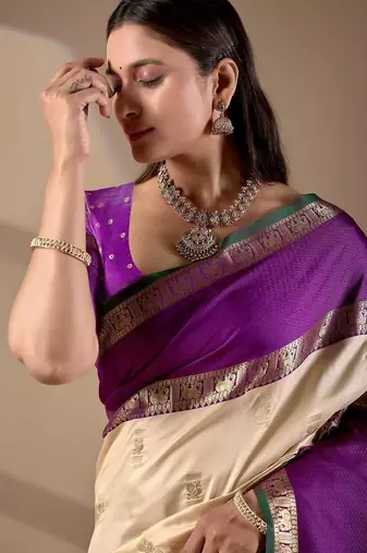 Cream silk blend woven design saree with blouse