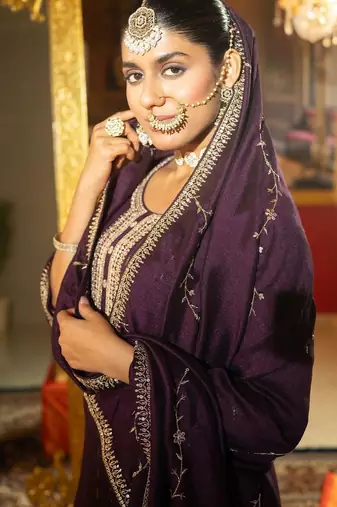 Sequinned Embroidered Round Neck Kurta With Trousers & Dupatta
