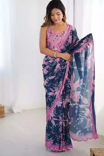 navy blue heavy chiffon mirror work saree
