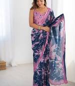 navy blue heavy chiffon mirror work saree