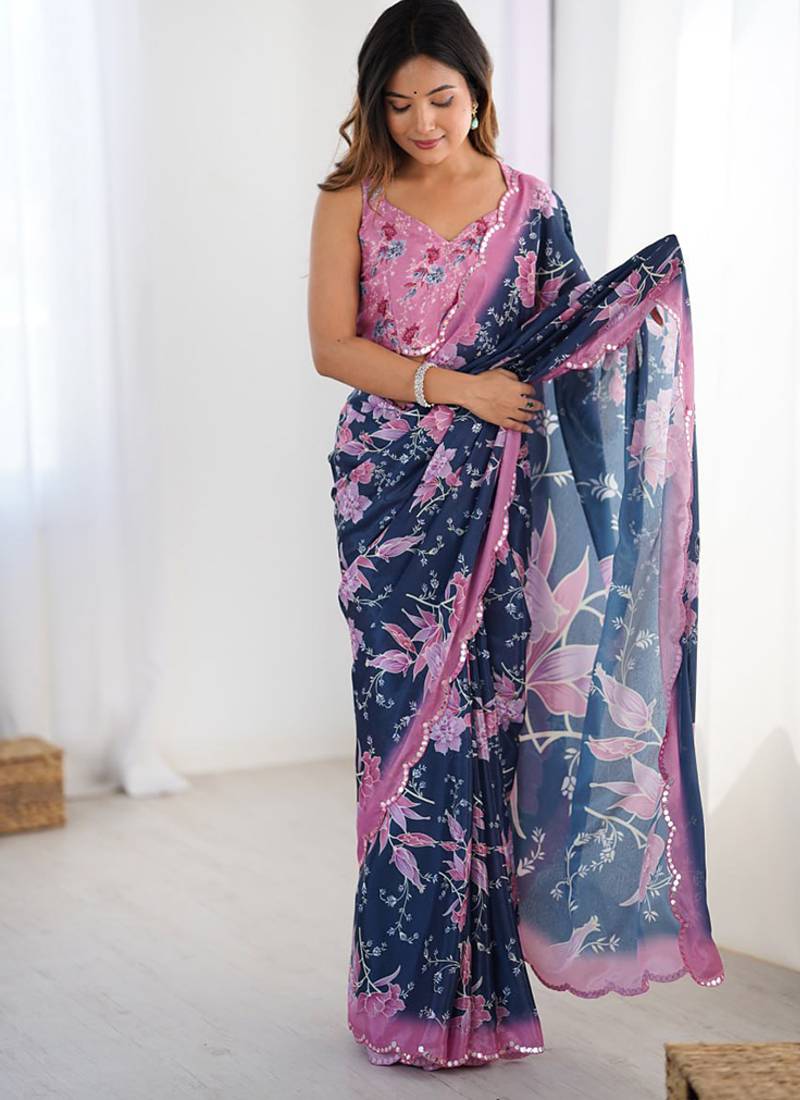 navy blue heavy chiffon mirror work saree
